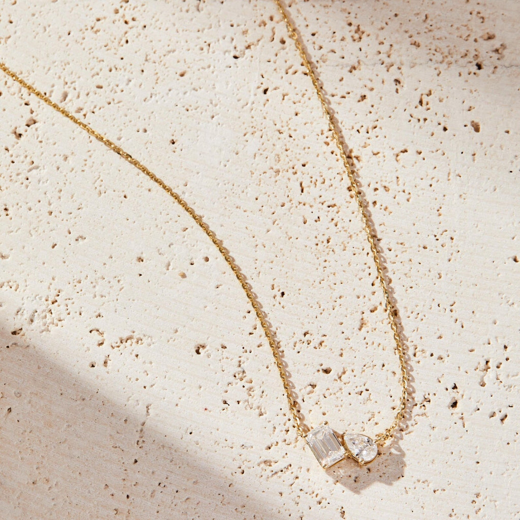 1.25 TCW Emerald and Pear Moissanite Toi Et Moi Gold Necklace, Two Stone Diamond Pendant