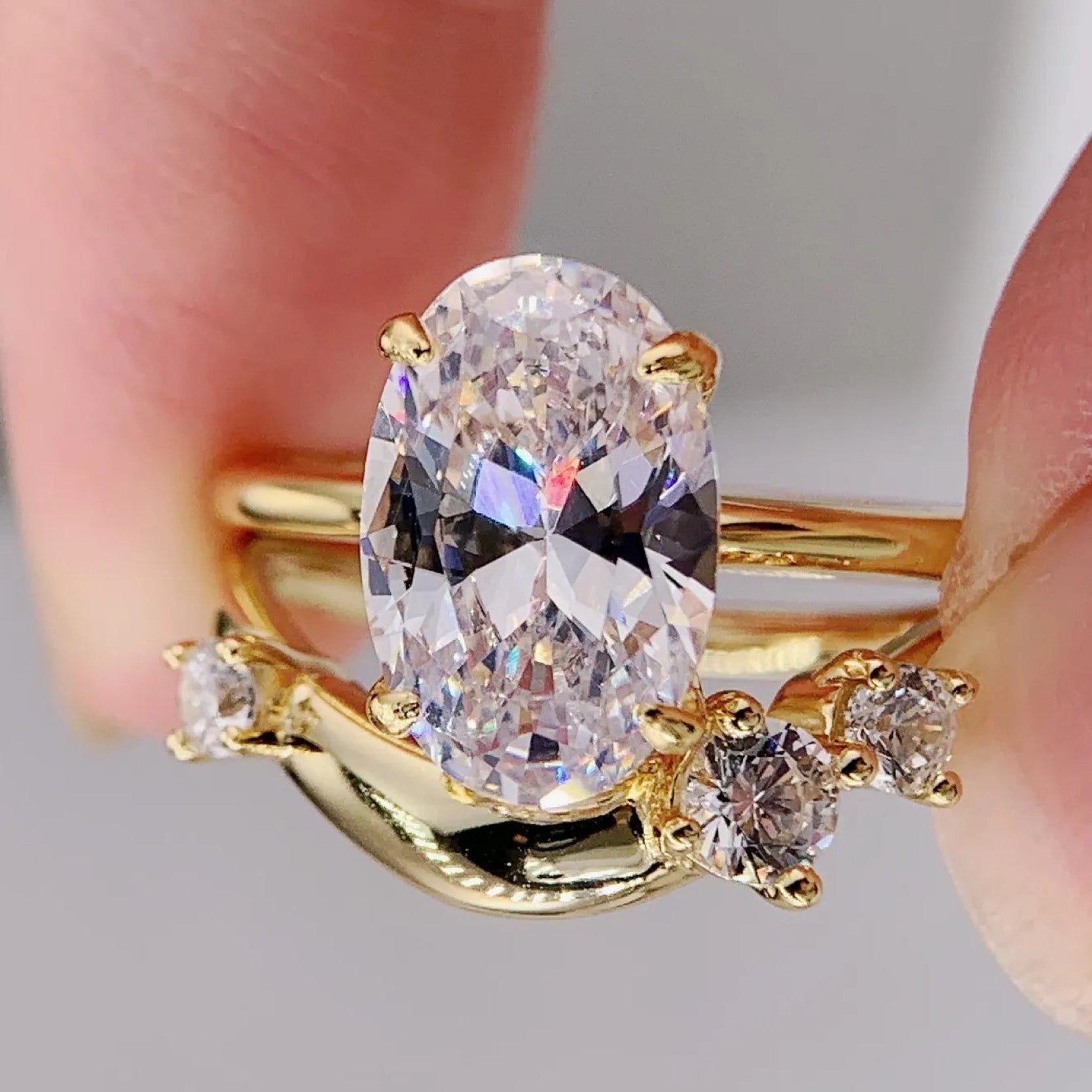 Oval Lab Diamond Engagement Ring Set  Lab Grown Wedding Ring Set  Anniversary Ring Set For Women