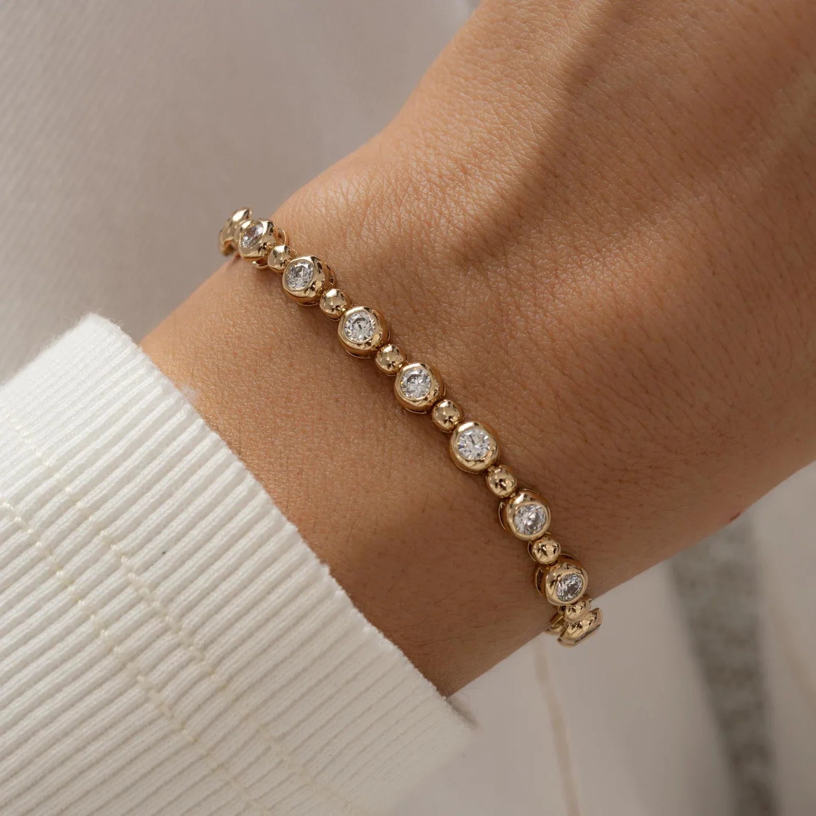 Round Cut Lab Grown Diamond Bezel Link Bracelet, Solid Gold Minimalist Tennis Jewelry Gift