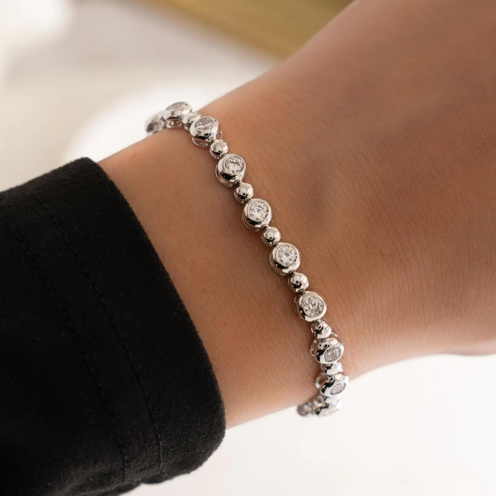 Round Cut Lab Grown Diamond Bezel Link Bracelet, Solid Gold Minimalist Tennis Jewelry Gift