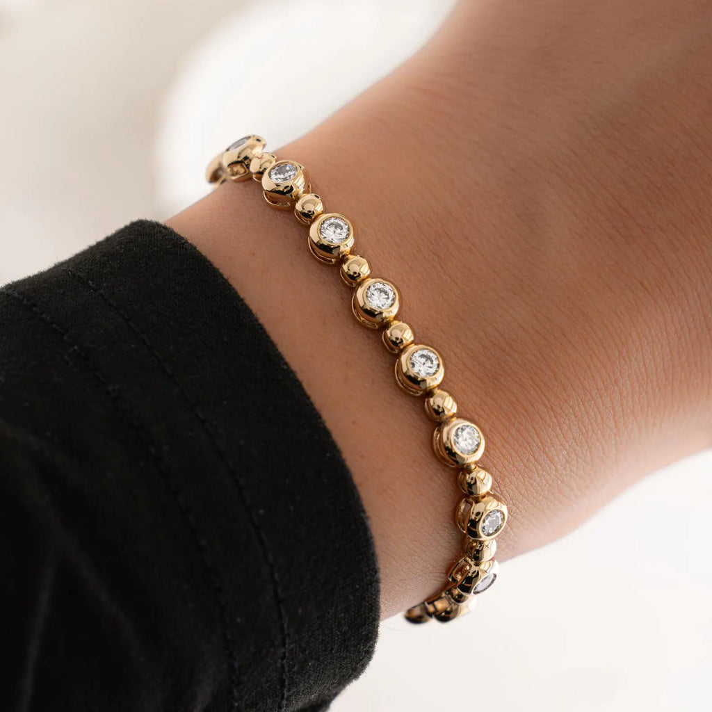 Round Cut Moissanite Diamond Bezel Link Bracelet, Solid Gold Minimalist Tennis Jewelry Gift