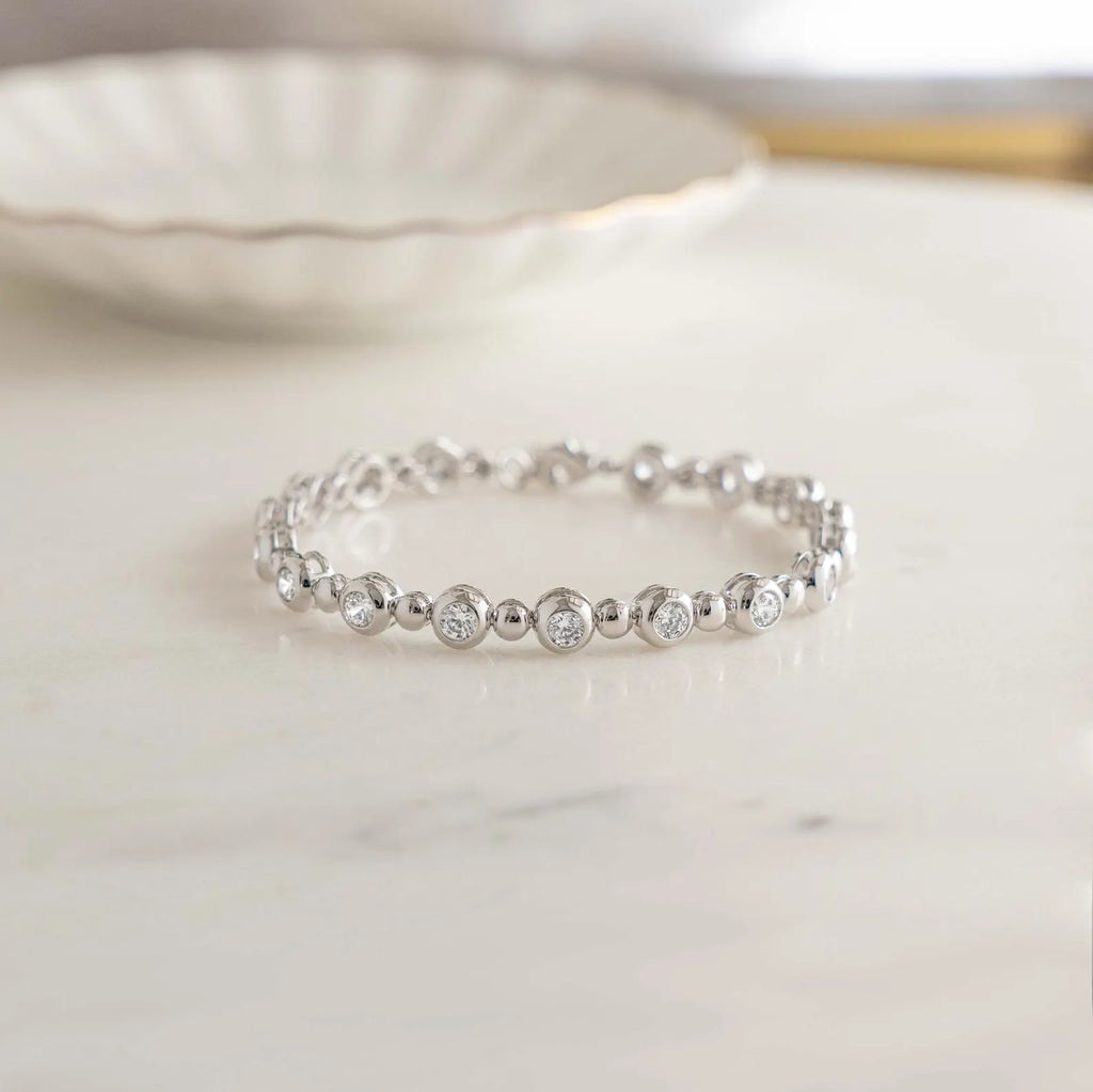 Round Cut Moissanite Diamond Bezel Link Bracelet, Solid Gold Minimalist Tennis Jewelry Gift