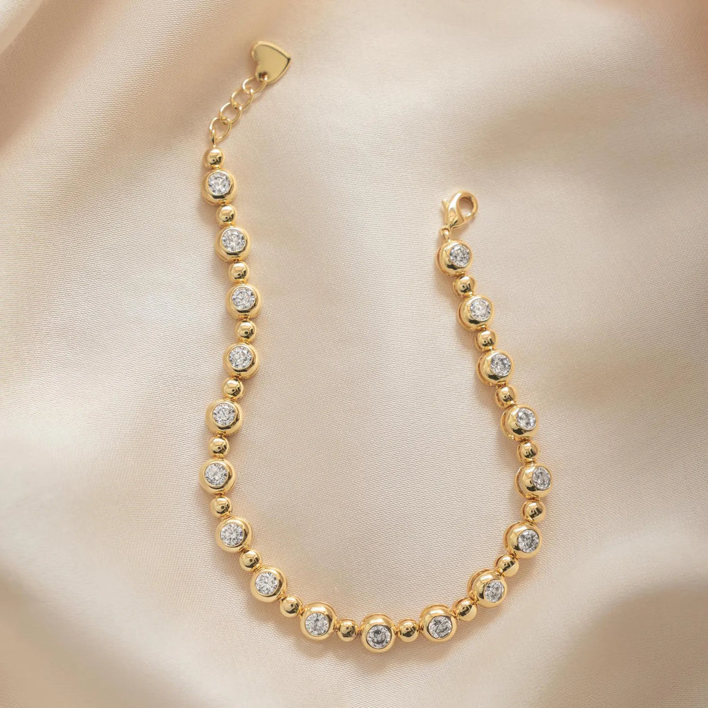 Round Cut Moissanite Diamond Bezel Link Bracelet, Solid Gold Minimalist Tennis Jewelry Gift