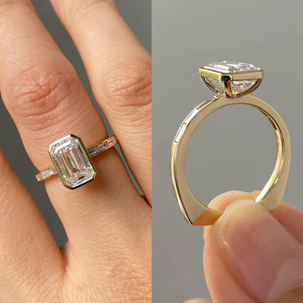 Bezel Set Emerald Cut Moissanite Engagement Ring  Wedding Ring Anniversary Ring For Women Channel Set Promise Ring