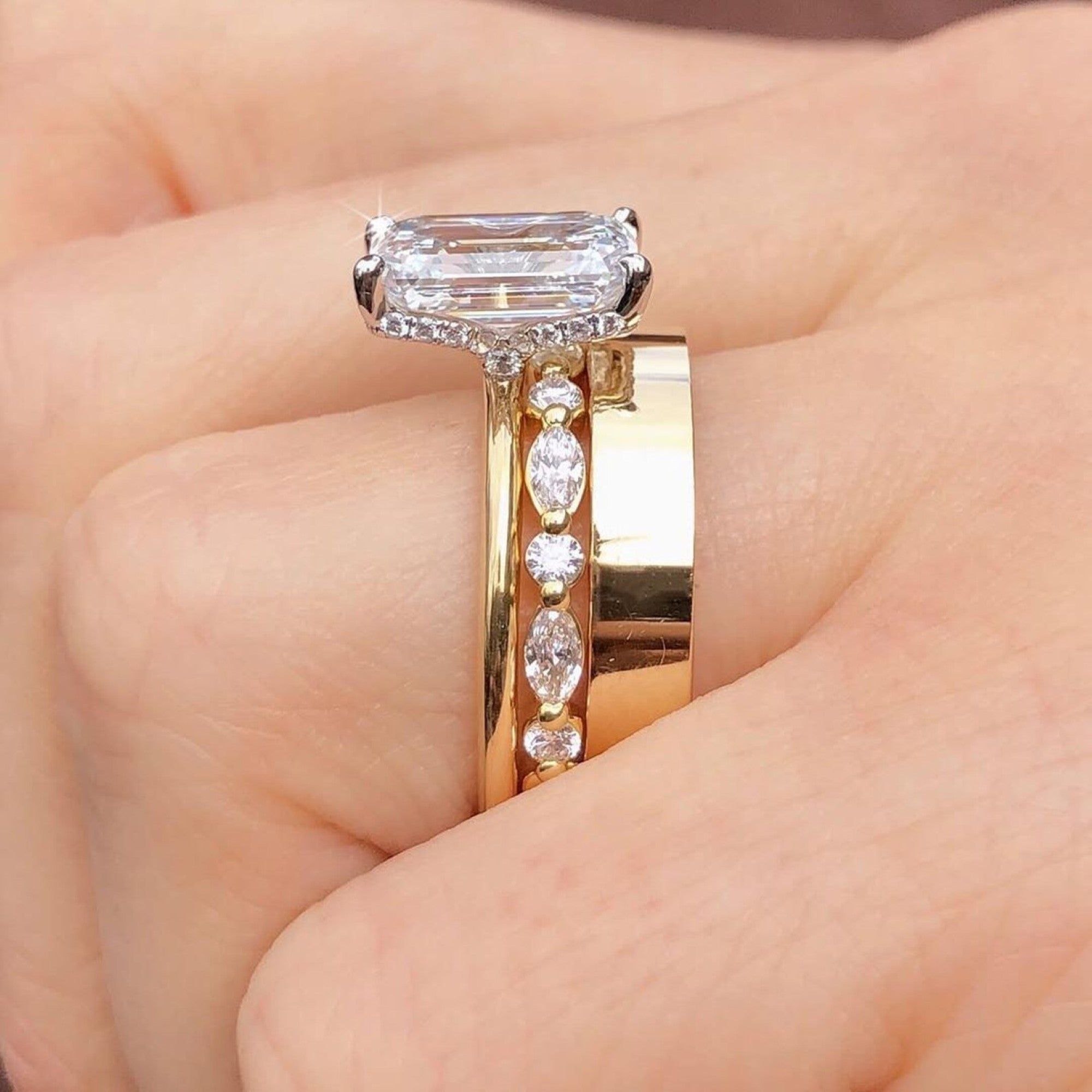 Emerald Cut Lab Grown Engagement Ring Set Radiant Bridal Set  Wedding Ring Set Anniversary Ring With Two Matching Band