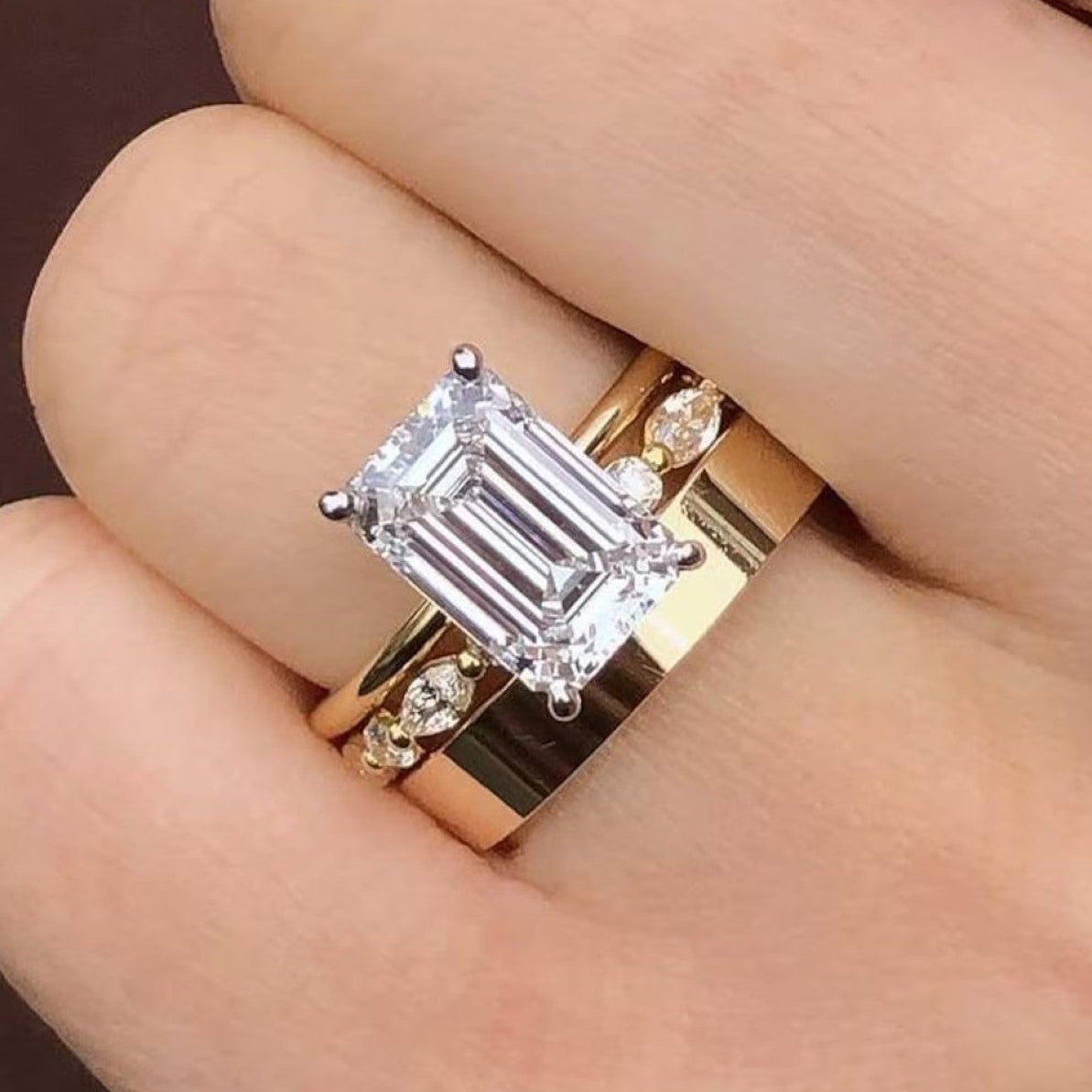 Emerald Cut Moissanite Engagement Ring Set Radiant Bridal Set  Wedding Ring Set Anniversary Ring With Two Matching Band