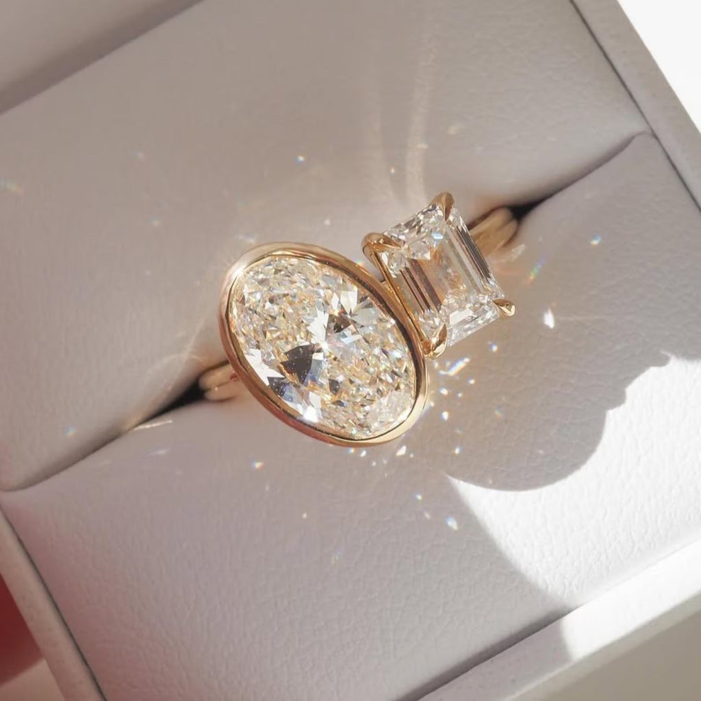 3.50 TCW Bezel Set Oval And Emerald Cut Toi Et Moi Engagement Rings Two Stone Lab Grown Ring Wedding Ring Double Stone Ring