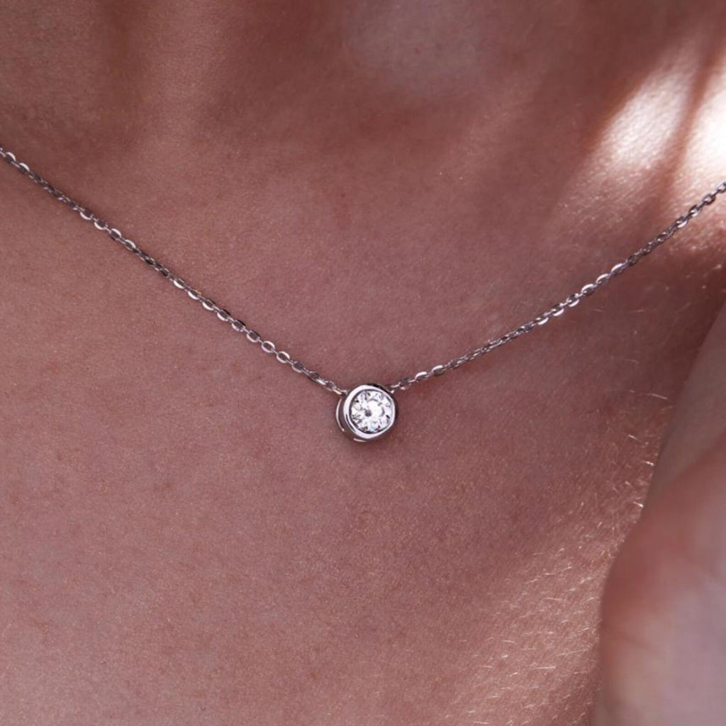 0.50 CT Round Dainty Gold Moissanite Bezel Necklace Ethical Minimalist Jewelry