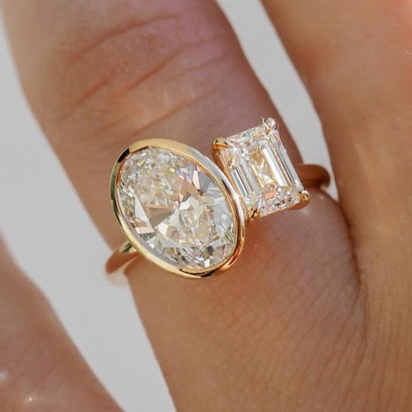 3.50 TCW Bezel Set Oval And Emerald Cut Toi Et Moi Engagement Rings Two Stone Lab Grown Ring Wedding Ring Double Stone Ring