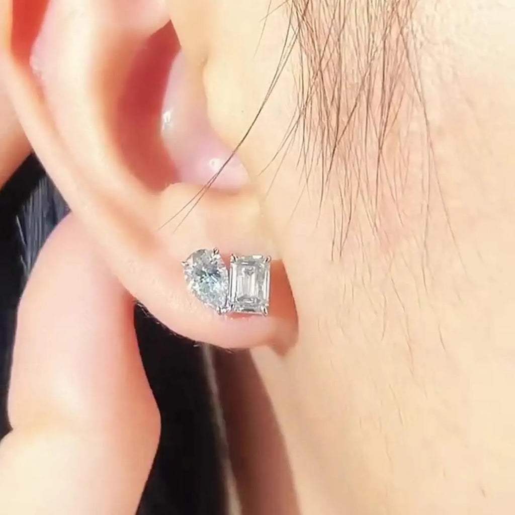 3.00 TCW Pear and Emerald Cut Moissanite Diamond Stud Earrings Modern Minimalist Bridal Gift