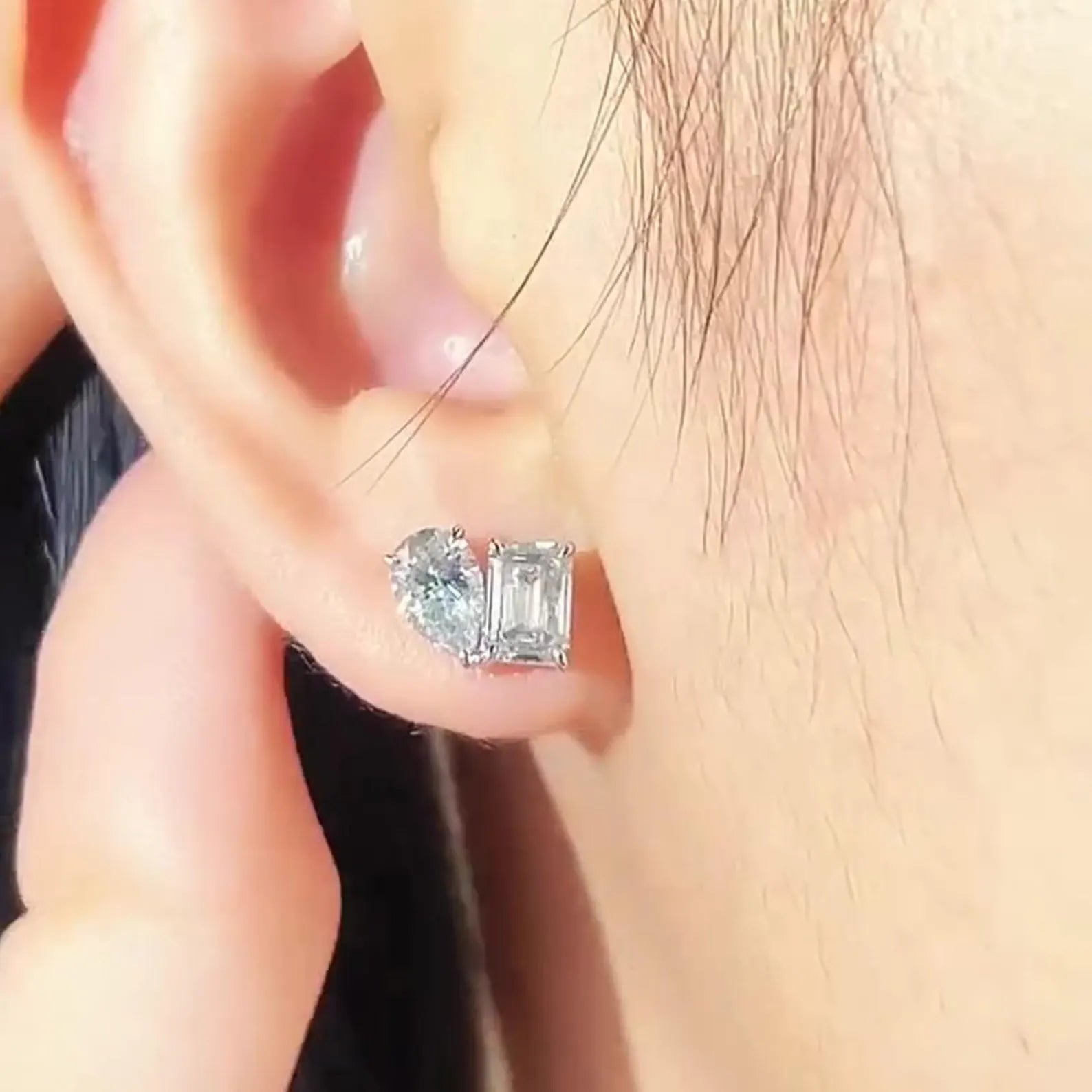 3.00 TCW Pear and Emerald Cut Lab Grown Diamond Stud Earrings Modern Minimalist Bridal Gift