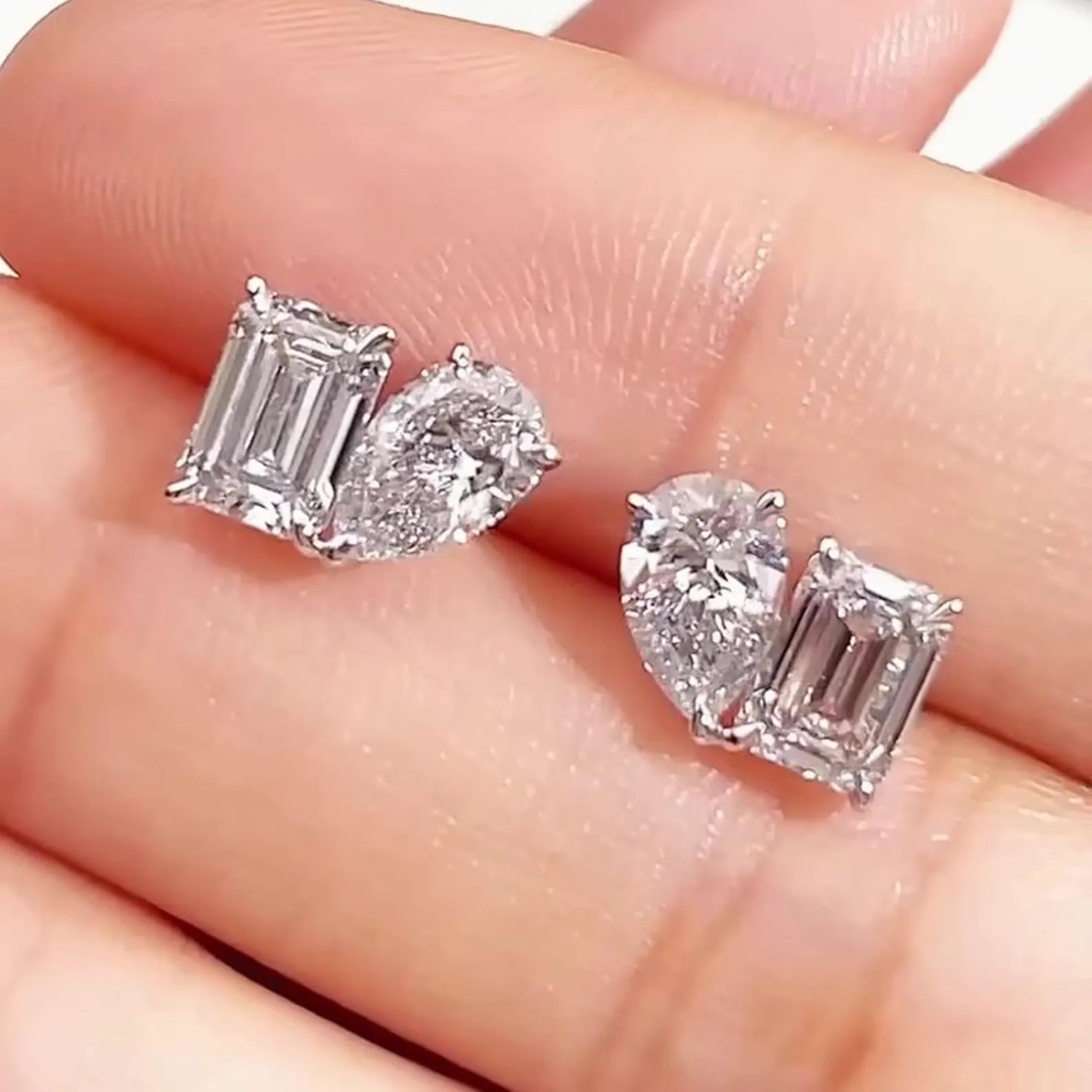 3.00 TCW Pear and Emerald Cut Lab Grown Diamond Stud Earrings Modern Minimalist Bridal Gift