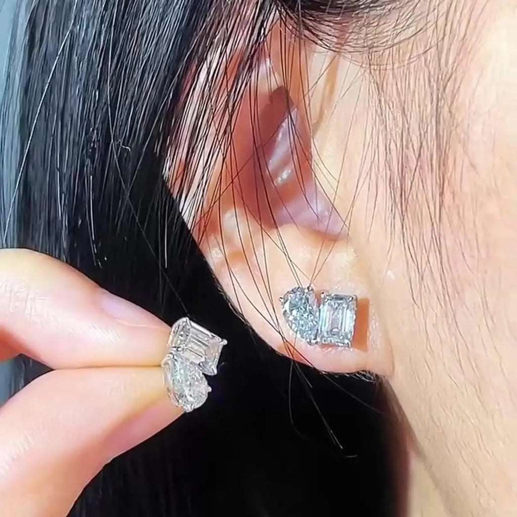 3.00 TCW Pear and Emerald Cut Moissanite Diamond Stud Earrings Modern Minimalist Bridal Gift