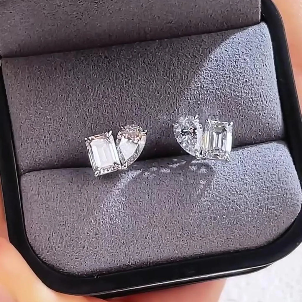 3.00 TCW Pear and Emerald Cut Lab Grown Diamond Stud Earrings Modern Minimalist Bridal Gift