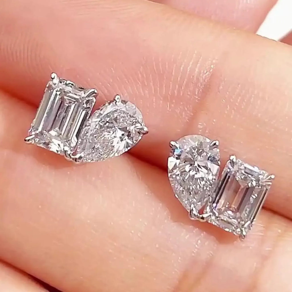 3.00 TCW Pear and Emerald Cut Moissanite Diamond Stud Earrings Modern Minimalist Bridal Gift