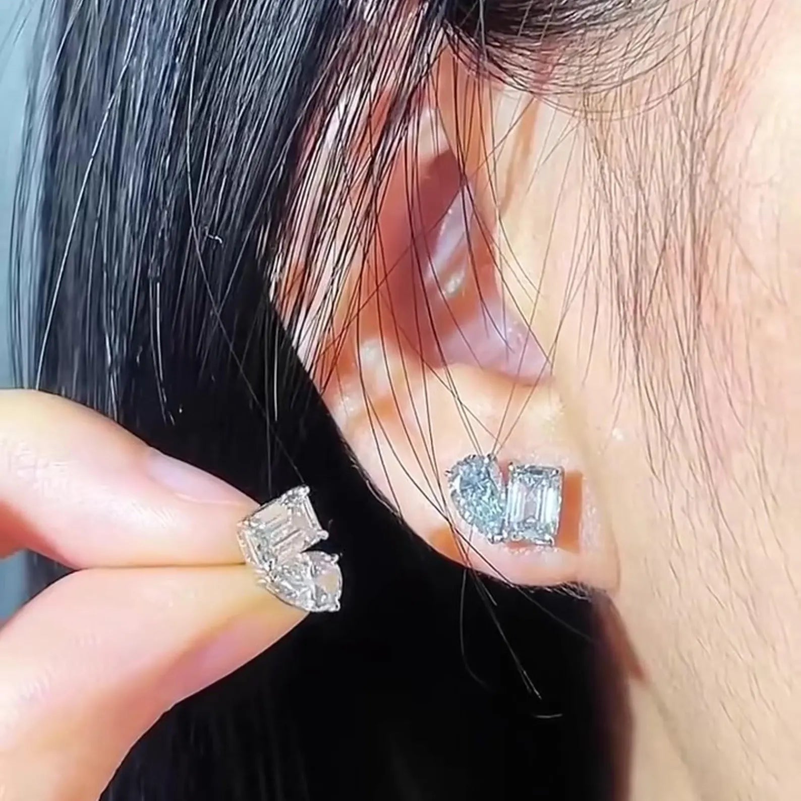 3.00 TCW Pear and Emerald Cut Lab Grown Diamond Stud Earrings Modern Minimalist Bridal Gift