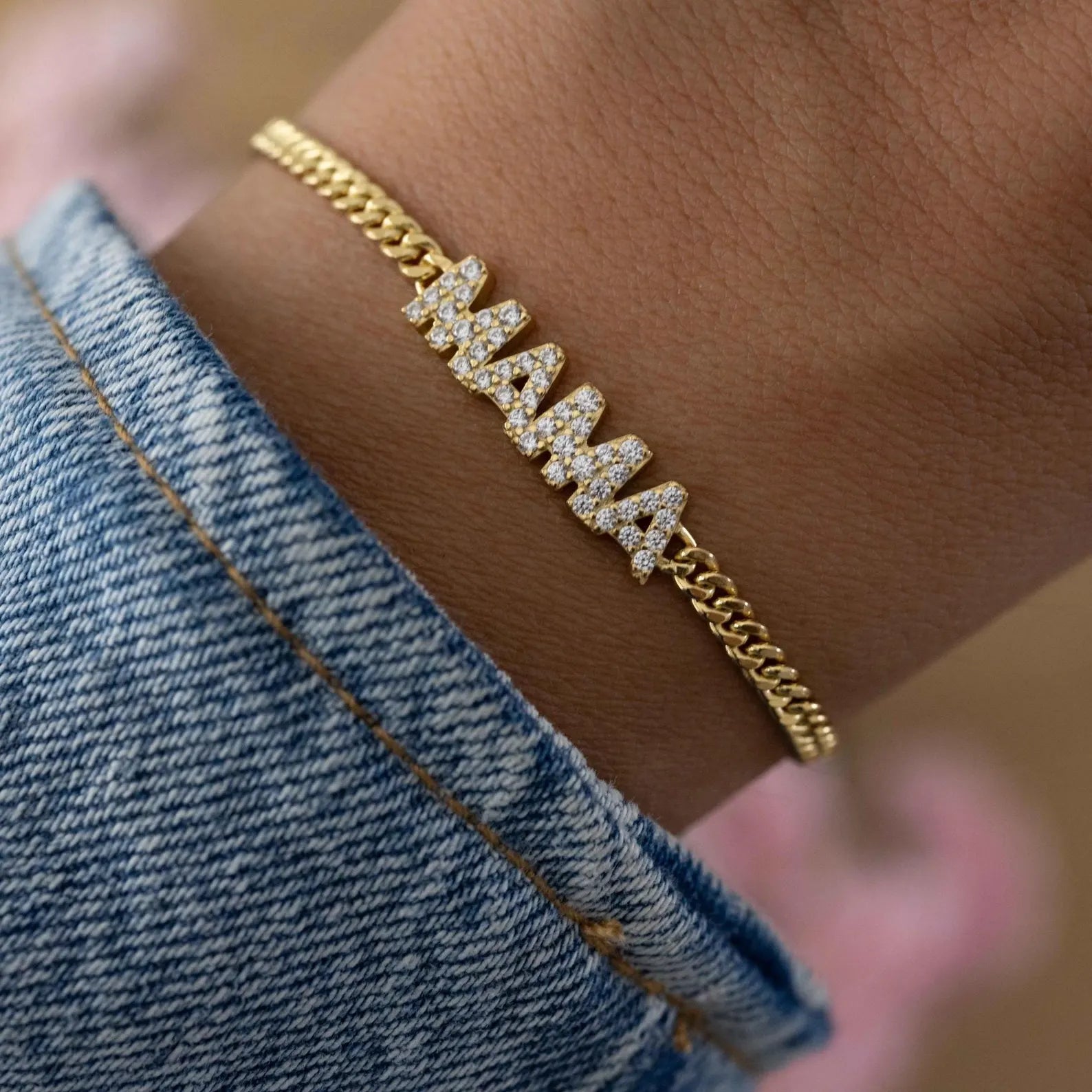 Moissanite Diamond Name Bracelet, Gold Plated Cuban Chain Personalized Jewelry Gift