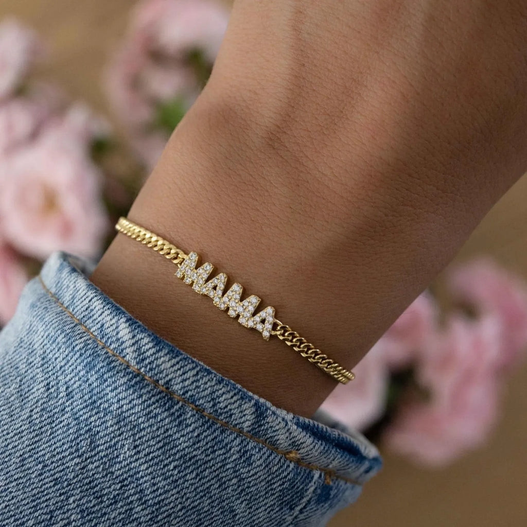 Moissanite Diamond Name Bracelet, Gold Plated Cuban Chain Personalized Jewelry Gift