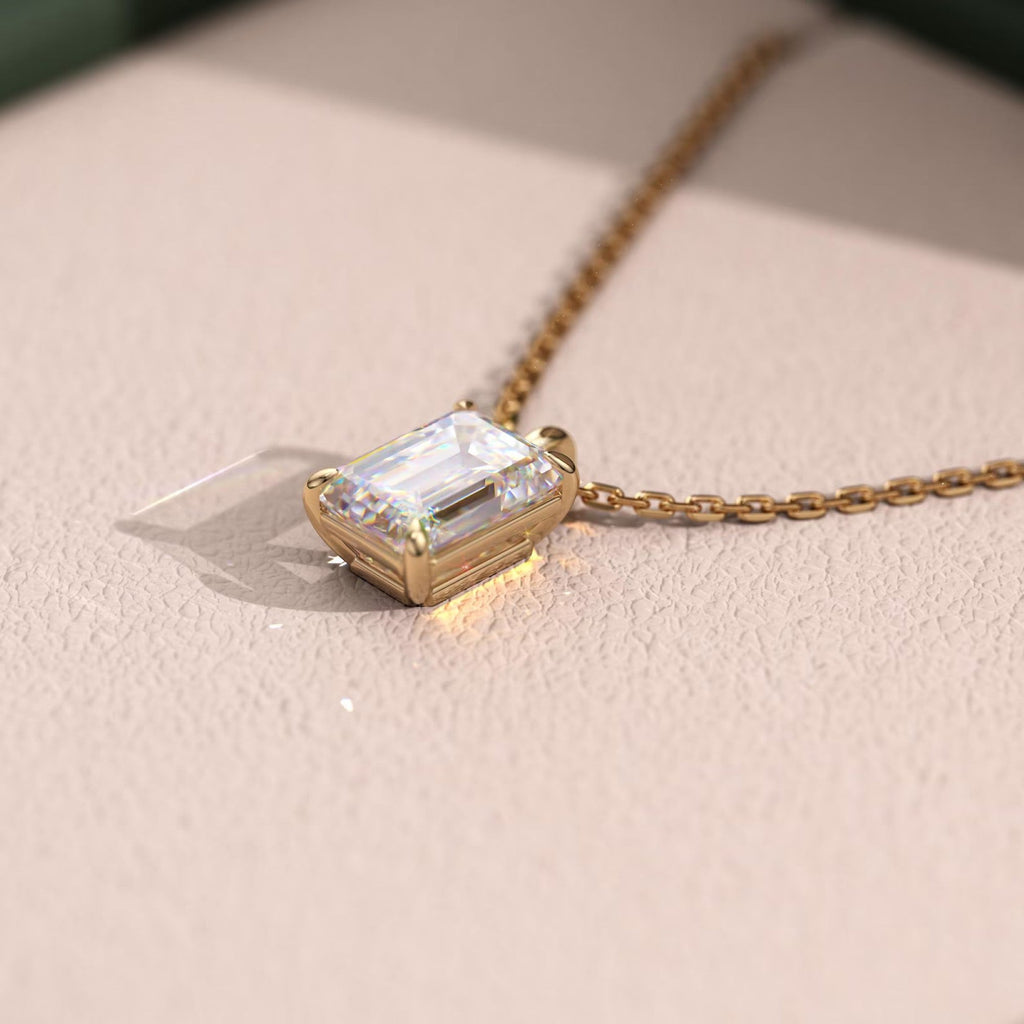 1.00 CT Emerald Cut Moissanite Diamond Pendant Necklace Gold Solitaire Drop, IGI Certified