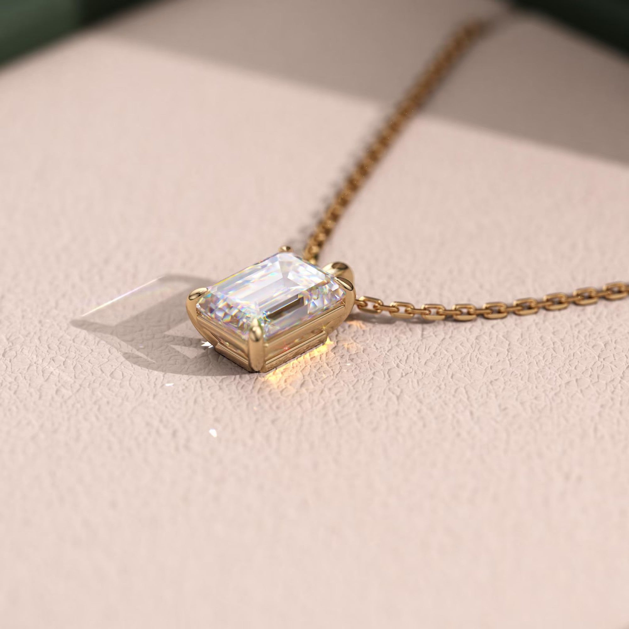 1.00 CT Emerald Cut Moissanite Diamond Pendant Necklace Gold Solitaire Drop, IGI Certified