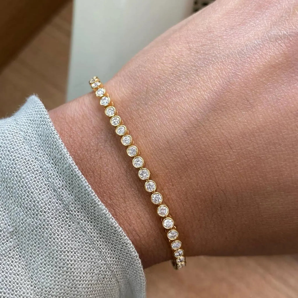 Round Moissanite Diamond Bezel Set Tennis Bracelet, Gold Minimalist Everyday Jewellery