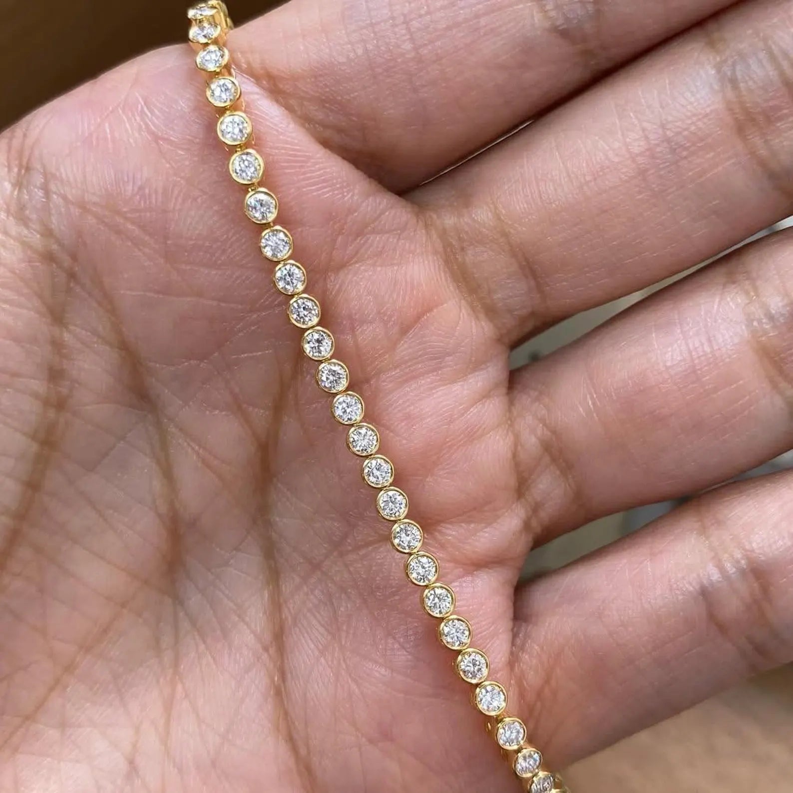 Round Moissanite Diamond Bezel Set Tennis Bracelet, Gold Minimalist Everyday Jewellery