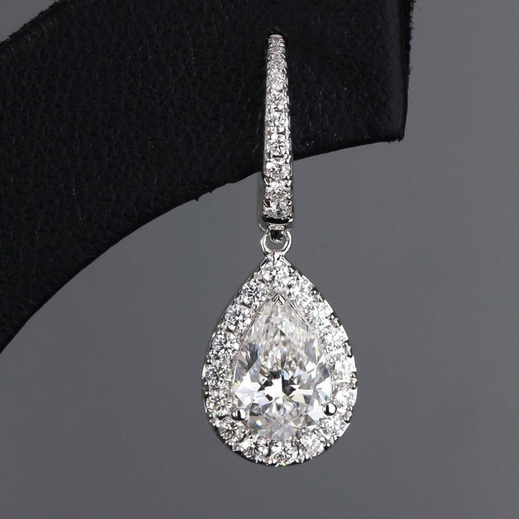 2.00 TCW Pear Cut Lab Grown Diamond Hoop Drop Earring Halo Set Jewellery