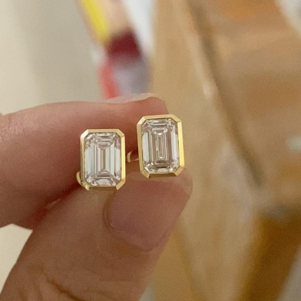 2.00 TCW Emerald Cut Lab Grown Diamond Stud Earring Eight With Bezel Set