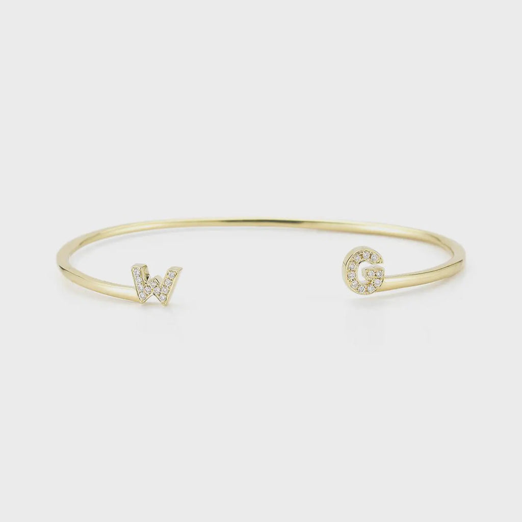 Moissanite Diamond Initial Open Cuff Bracelet, Personalized Minimal Jewelry