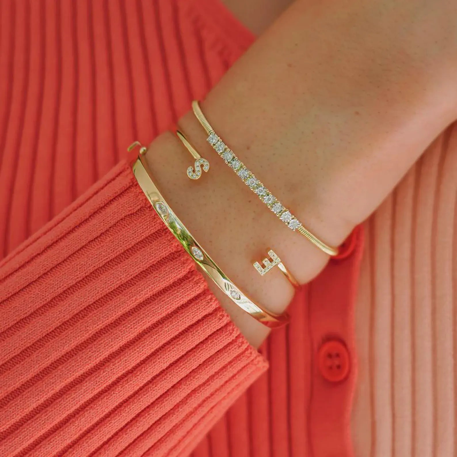 Moissanite Diamond Initial Open Cuff Bracelet, Personalized Minimal Jewelry