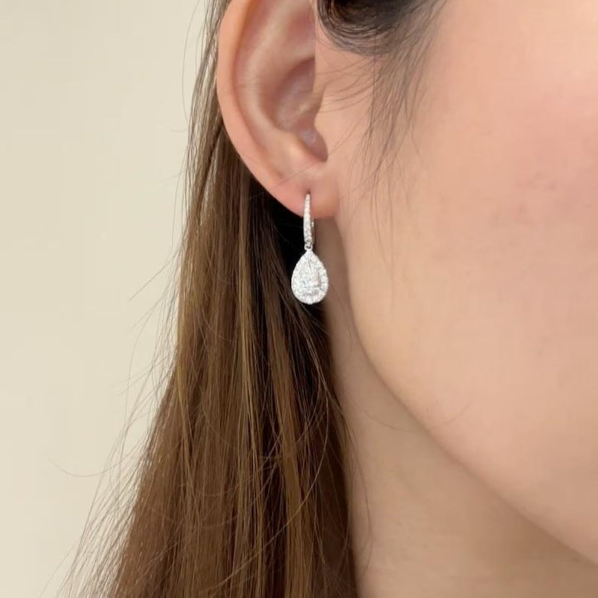 2.00 TCW Pear Cut Moissanite Diamond Hoop Drop Earring Halo Set Jewellery