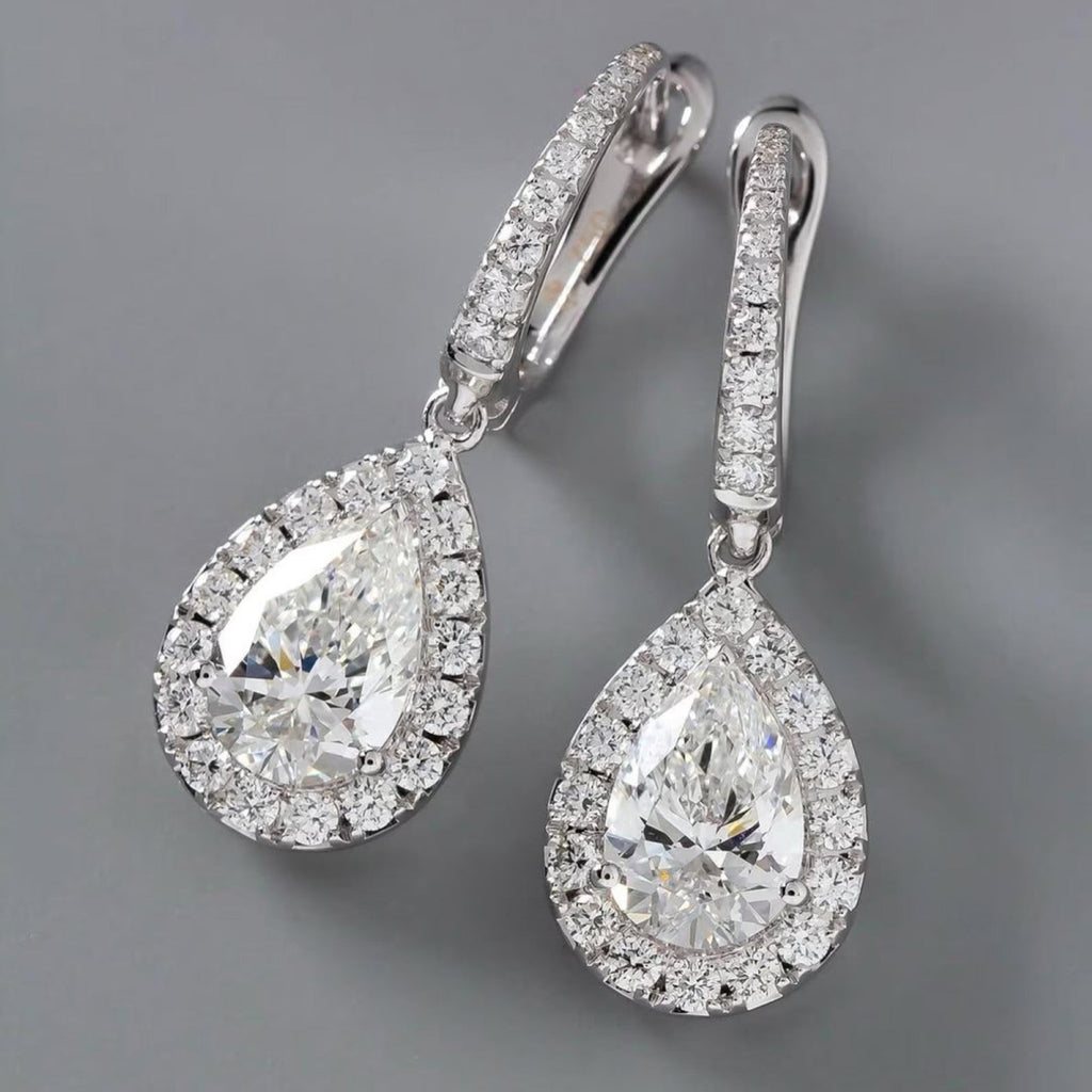 2.00 TCW Pear Cut Lab Grown Diamond Hoop Drop Earring Halo Set Jewellery