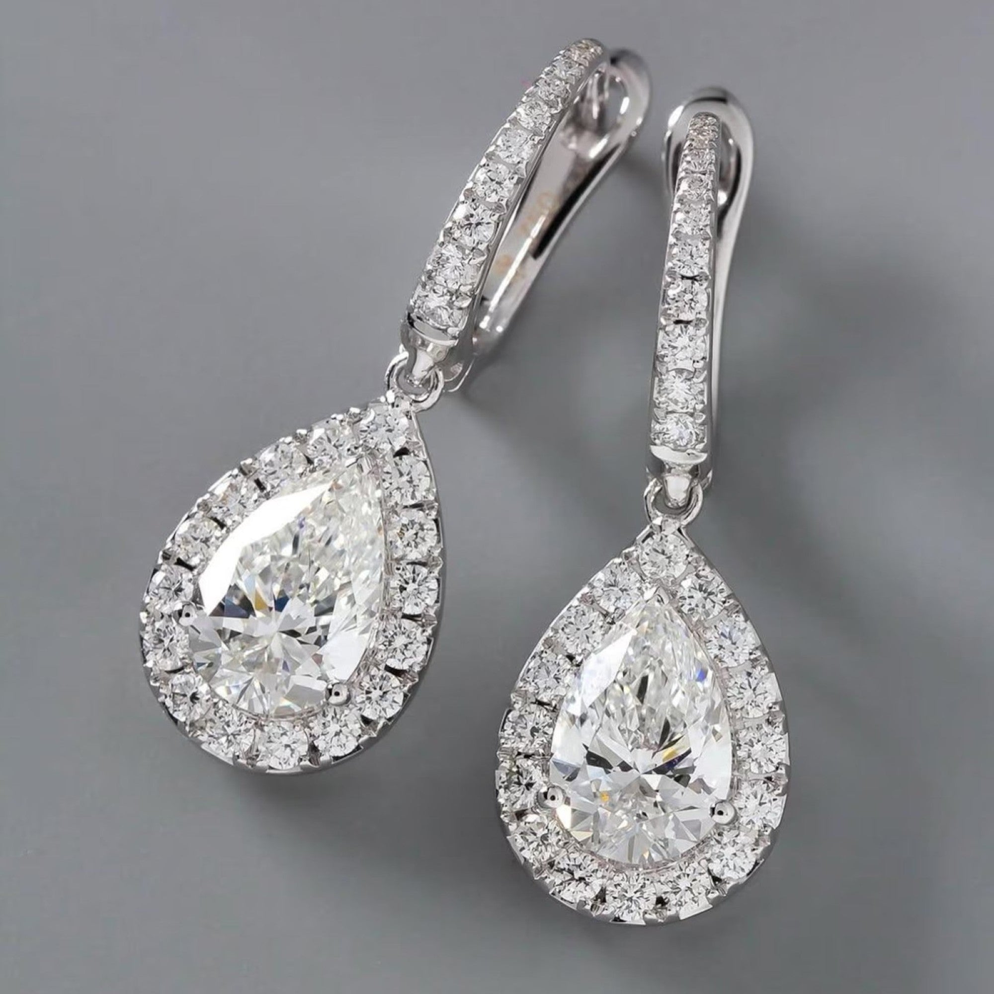 2.00 TCW Pear Cut Lab Grown Diamond Hoop Drop Earring Halo Set Jewellery