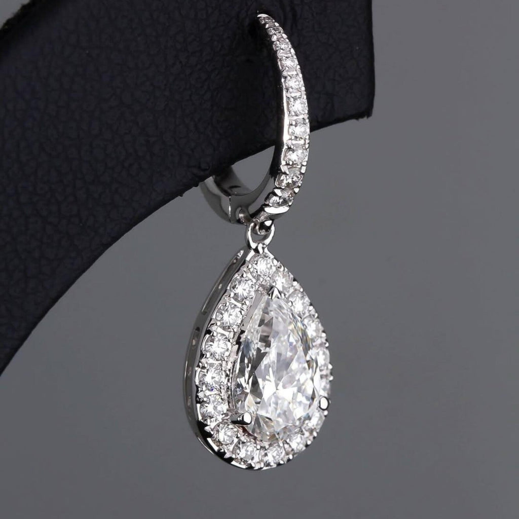 2.00 TCW Pear Cut Moissanite Diamond Hoop Drop Earring Halo Set Jewellery
