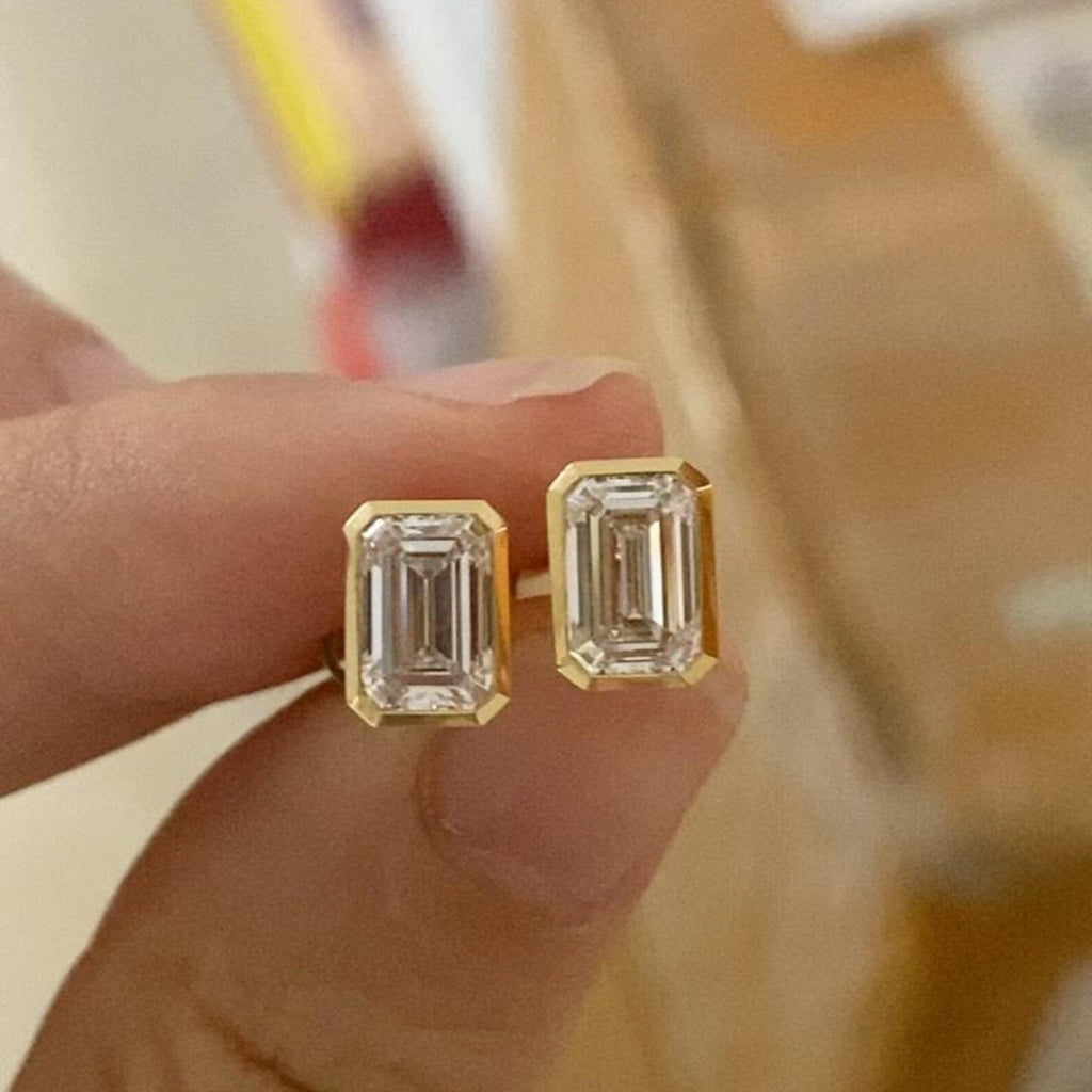 2.00 TCW Emerald Cut Lab Grown Diamond Stud Earring Eight With Bezel Set