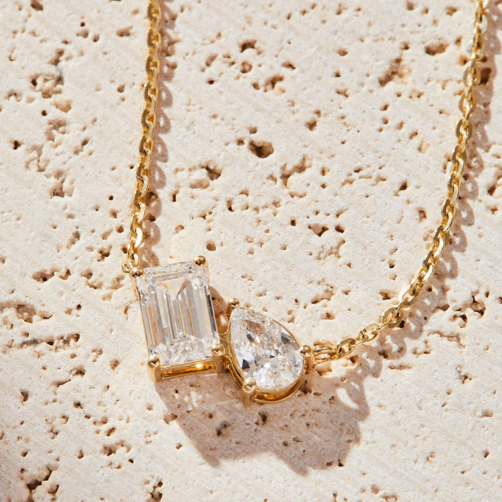 1.25 TCW Emerald and Pear Toi Et Moi Gold Necklace, Two Stone Lab Diamond Pendant