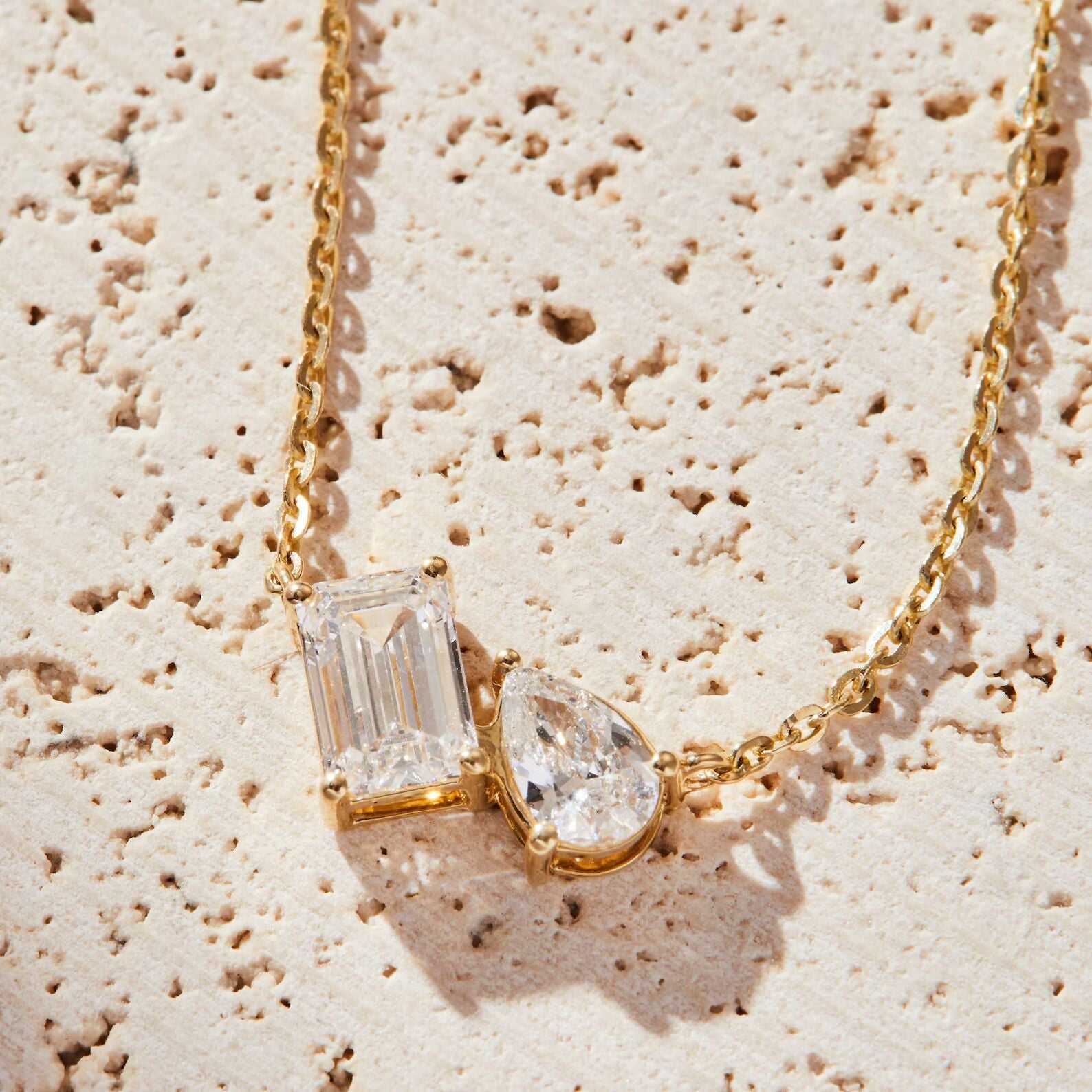 1.25 TCW Emerald and Pear Toi Et Moi Gold Necklace, Two Stone Lab Diamond Pendant
