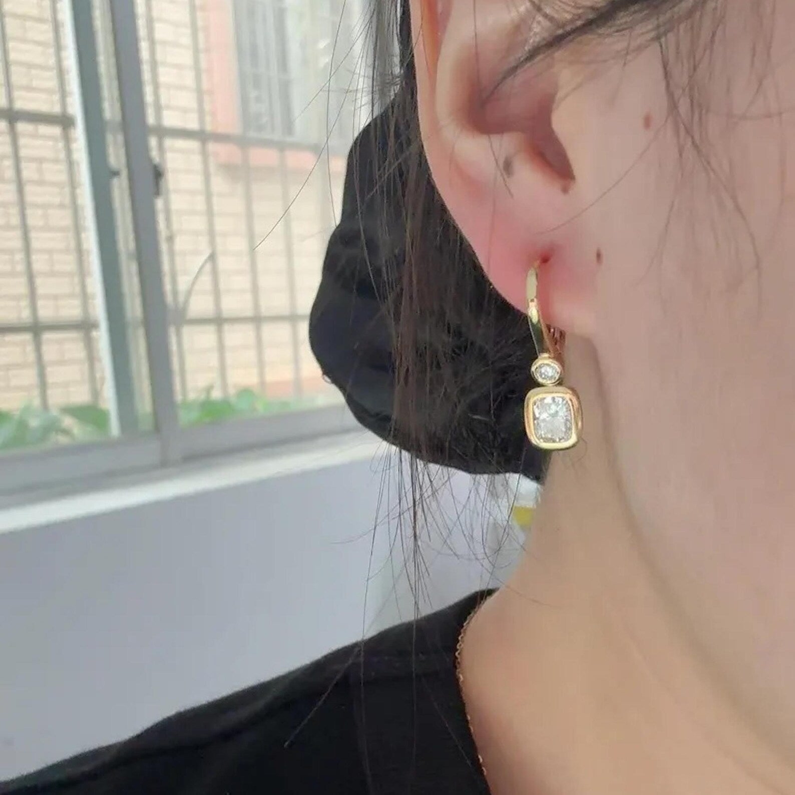 2.40 TCW Bezel Set  Elongated Cushion and Round Cut Moissanite Diamond Dangle Hoop Earring