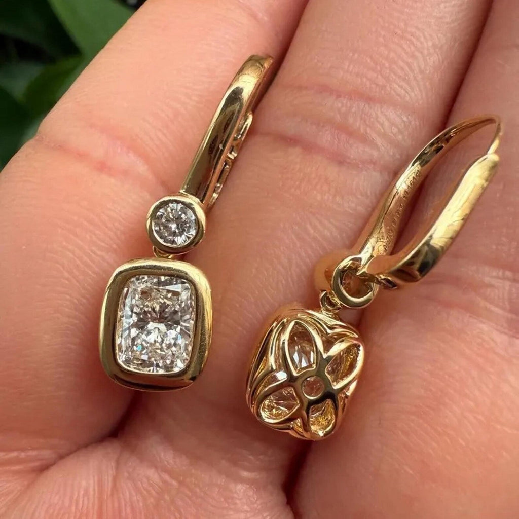 2.40 TCW Bezel Set  Elongated Cushion and Round Cut Lab Grown Diamond Dangle Hoop Earring