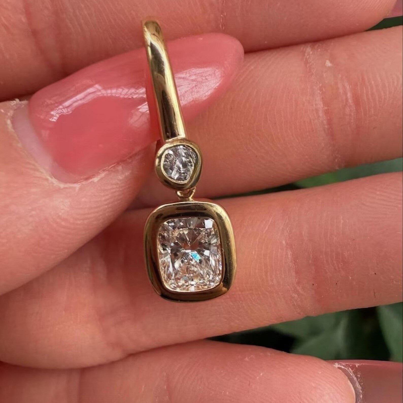 2.40 TCW Bezel Set  Elongated Cushion and Round Cut Moissanite Diamond Dangle Hoop Earring