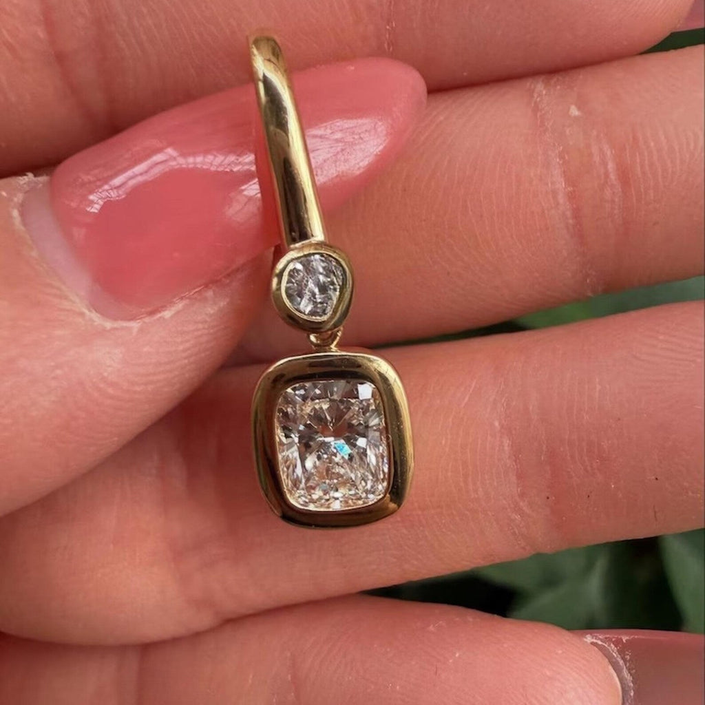 2.40 TCW Bezel Set  Elongated Cushion and Round Cut Lab Grown Diamond Dangle Hoop Earring