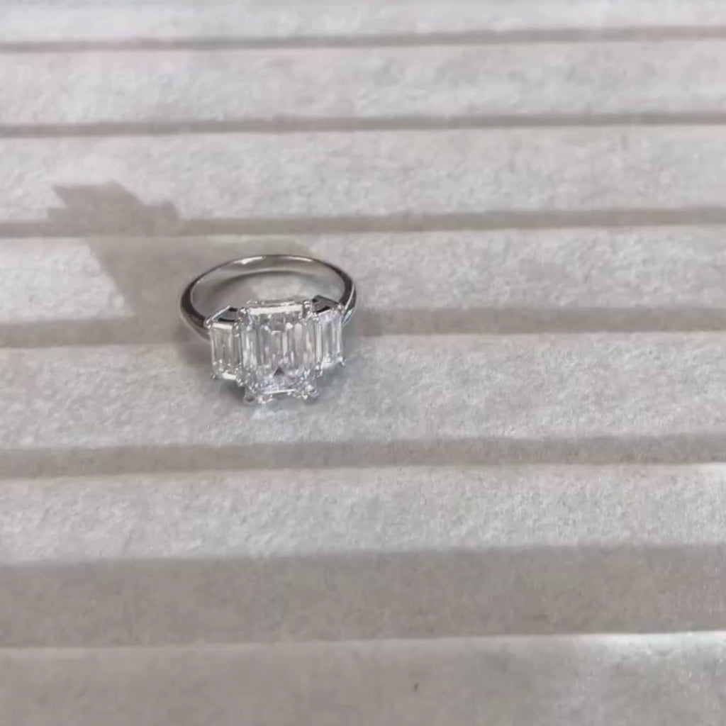 Emerald Cut Three Stone Moissanite Engagement Ring Trio Diamond Ring Gold Wedding Ring Past Present Future Ring Anniversary Ring