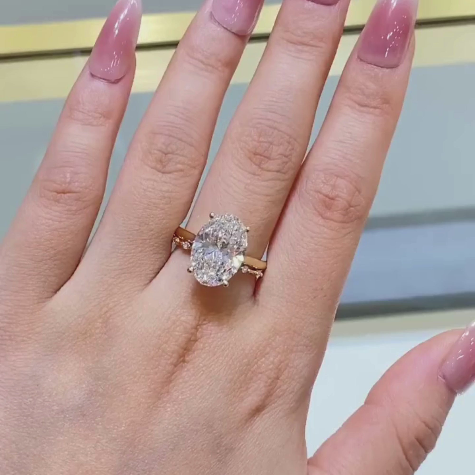 Oval Moissanite Engagement Ring Set Distance Pave Band Set Gold Bridal Wedding Ring Set