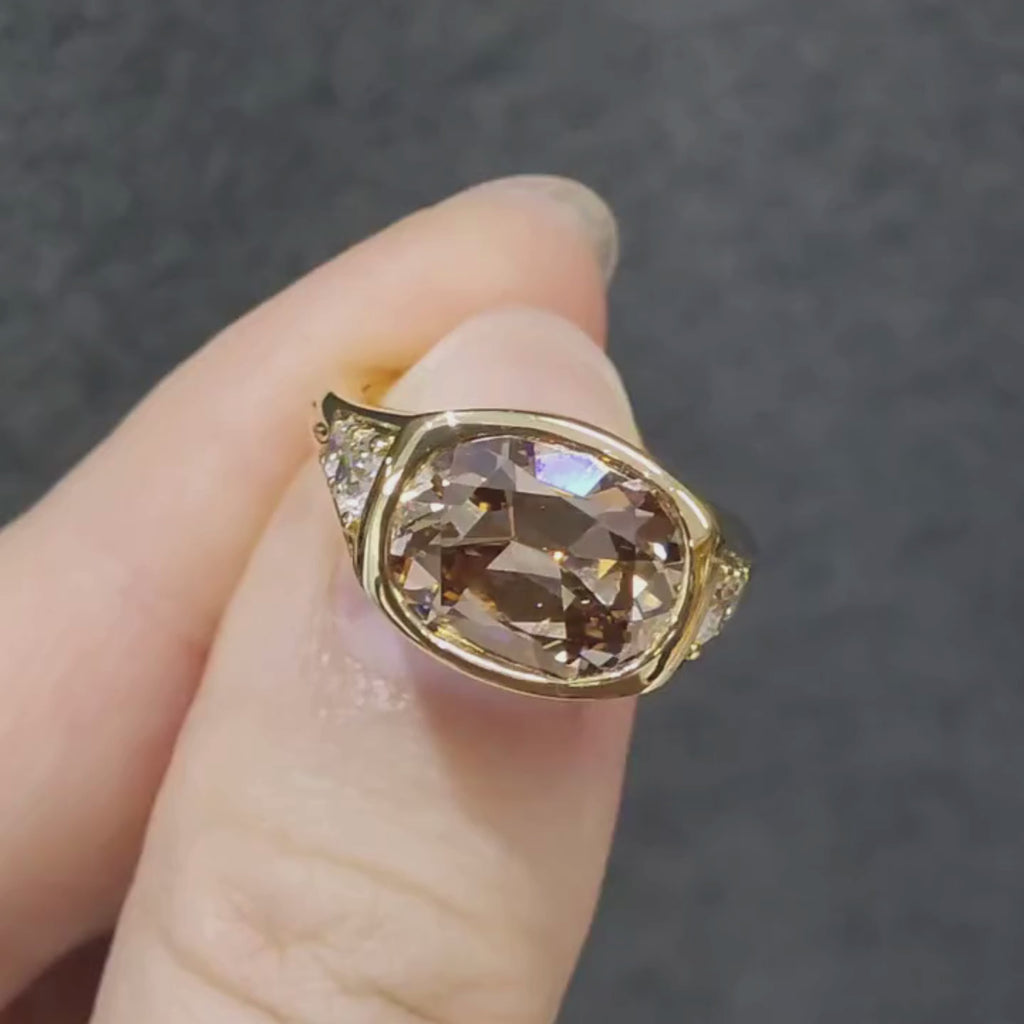 Brown Elongated Cushion Cut Old Mine Lab Grown Ring East West Bezel Set Cushion Engagement Ring Gold Wedding Ring Promise Ring