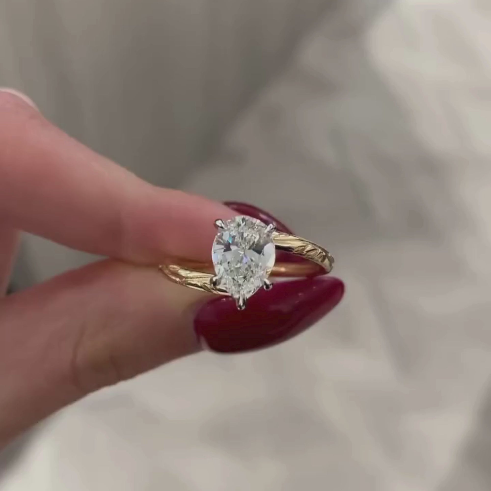 Bypass  Pear Moissanite Diamond Engagement Ring Yellow Gold Engraved Band Vintage Solitaire Luxury