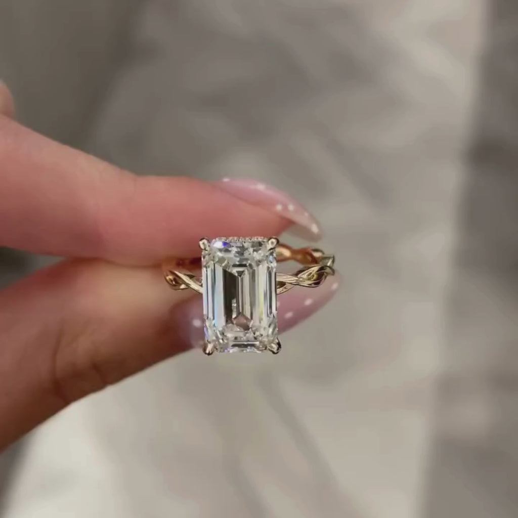 Twisted Band  Emerald Lab Grown Hidden Halo Engagement Ring Gold Wedding Anniversary Ring