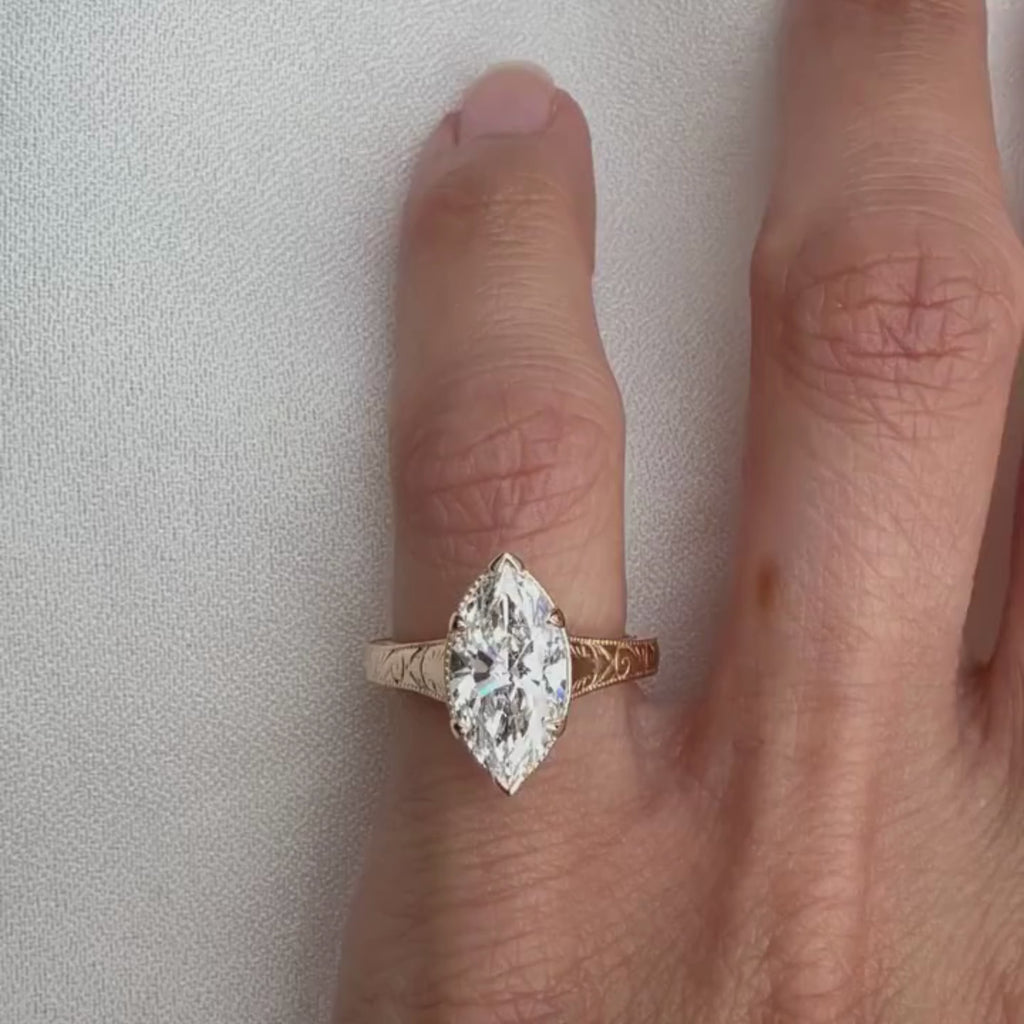 Marquise Lab Grown Diamond Engagement Ring Vintage Engraved Yellow Gold