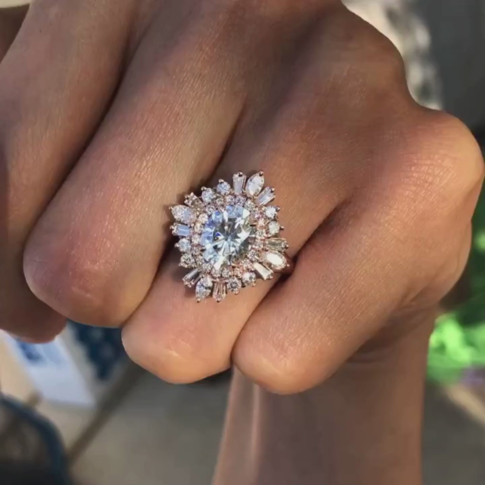 Starburst Oval Cut Moissanite Engagement Ring Halo Set Vintage Ring Rose Gold Wedding Ring Anniversary Ring Handmade Promise Ring