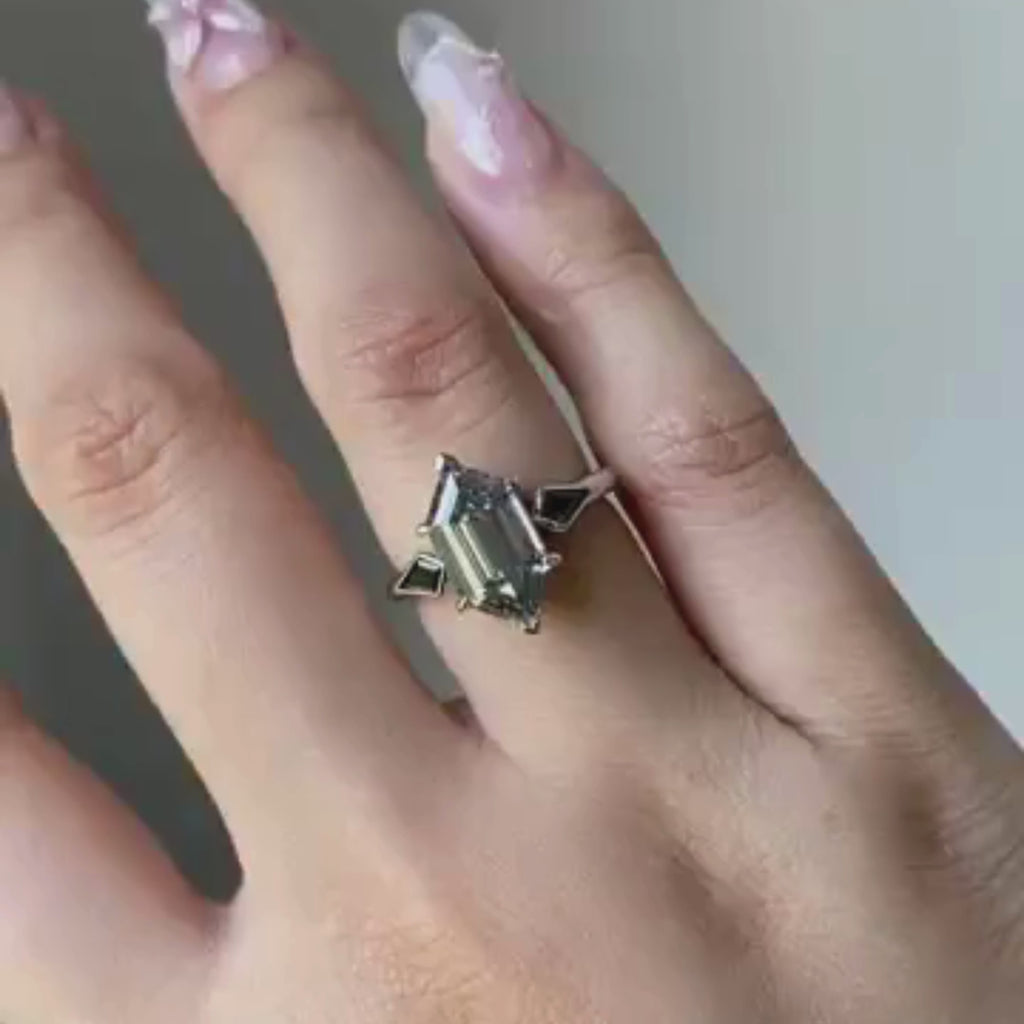 Grey Hexagon Cut Three Stone Engagement Ring in White Gold | Modern Geometric Vintage Inspired Lab Grown Diamond Ring