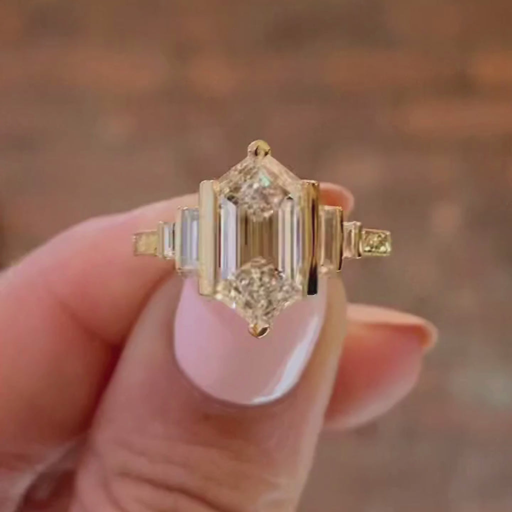 Half Bezel Hexagon Moissanite Vintage Engagement Ring Art deco Gold Wedding Nature Inspired Rings Anniversary Ring